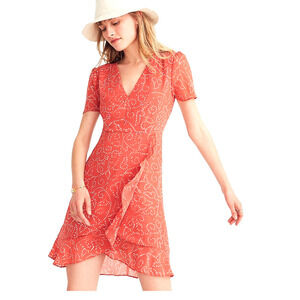 Madewell Posy Ruffle Faux Wrap Dress in Twisted Vines Terra Cotta 00